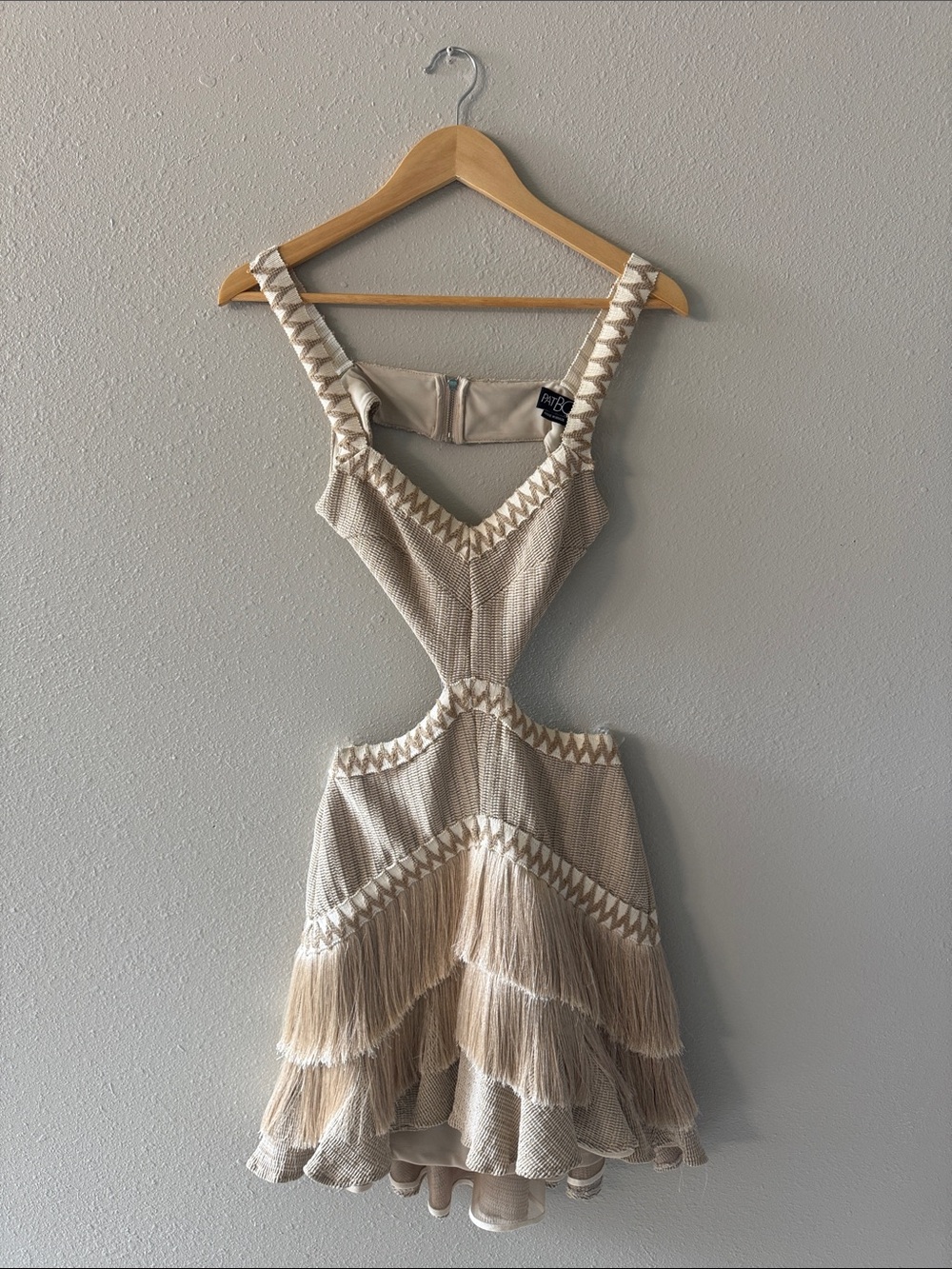 PatBO Beige Cutout Fringe Mini Dress